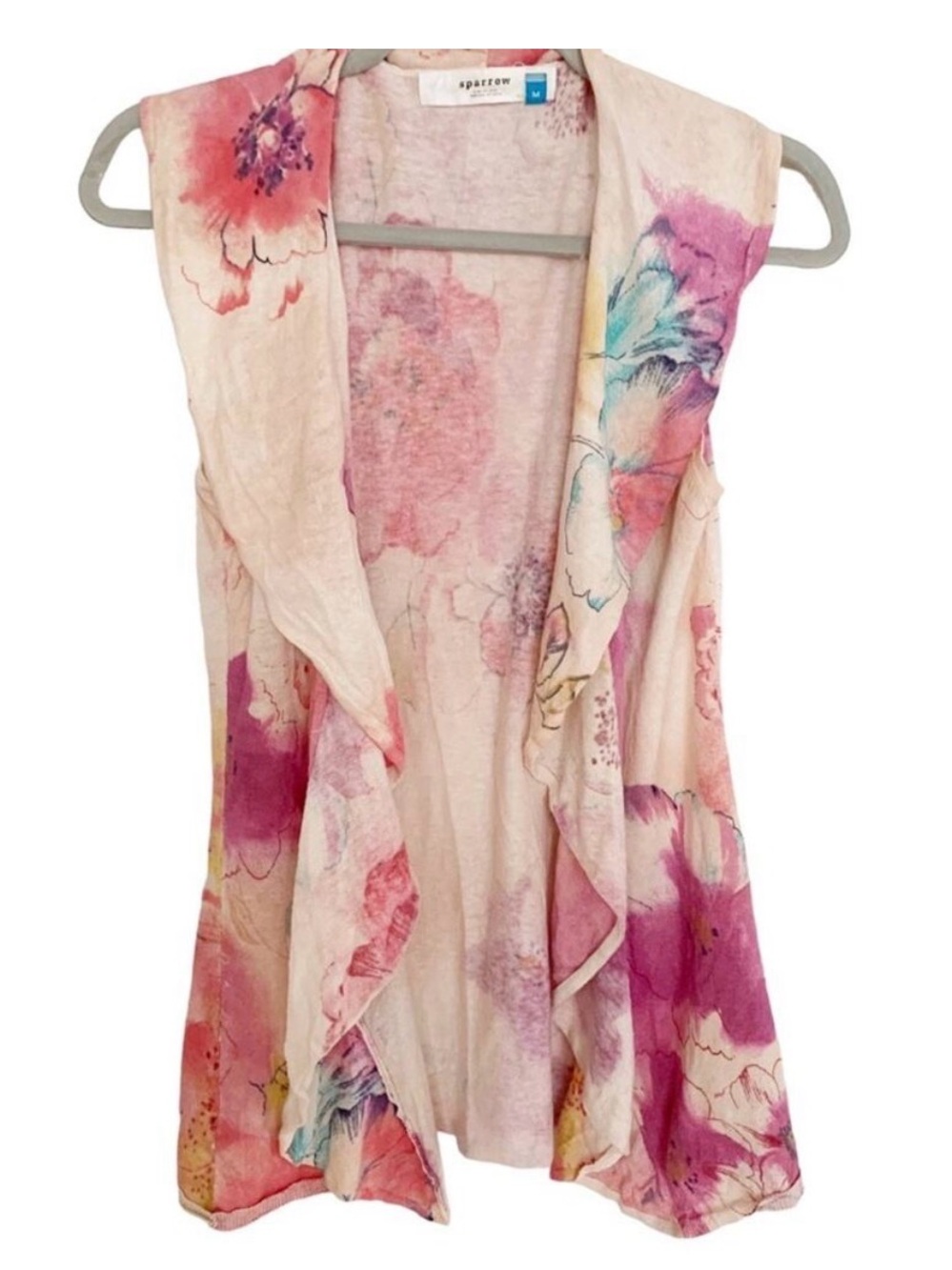 Anthropologie sparrow Pink Floral Watercolor Drape Vest